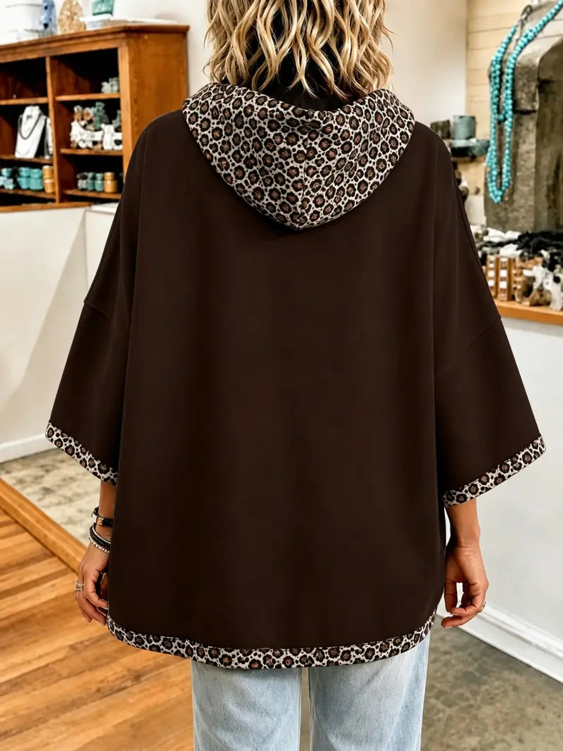 Limited time sale🔥Women 3/4 Bell Sleeve Leopard Trim Hooded Top