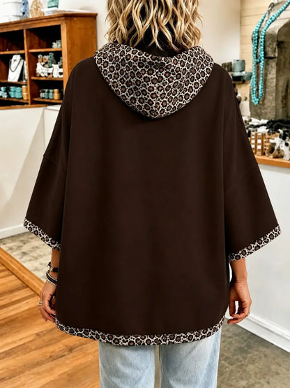 Limited time sale🔥Women 3/4 Bell Sleeve Leopard Trim Hooded Top