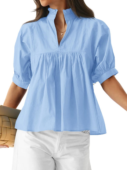 ✨ Women's Puff Sleeve V Neck Casual Pleated Tops