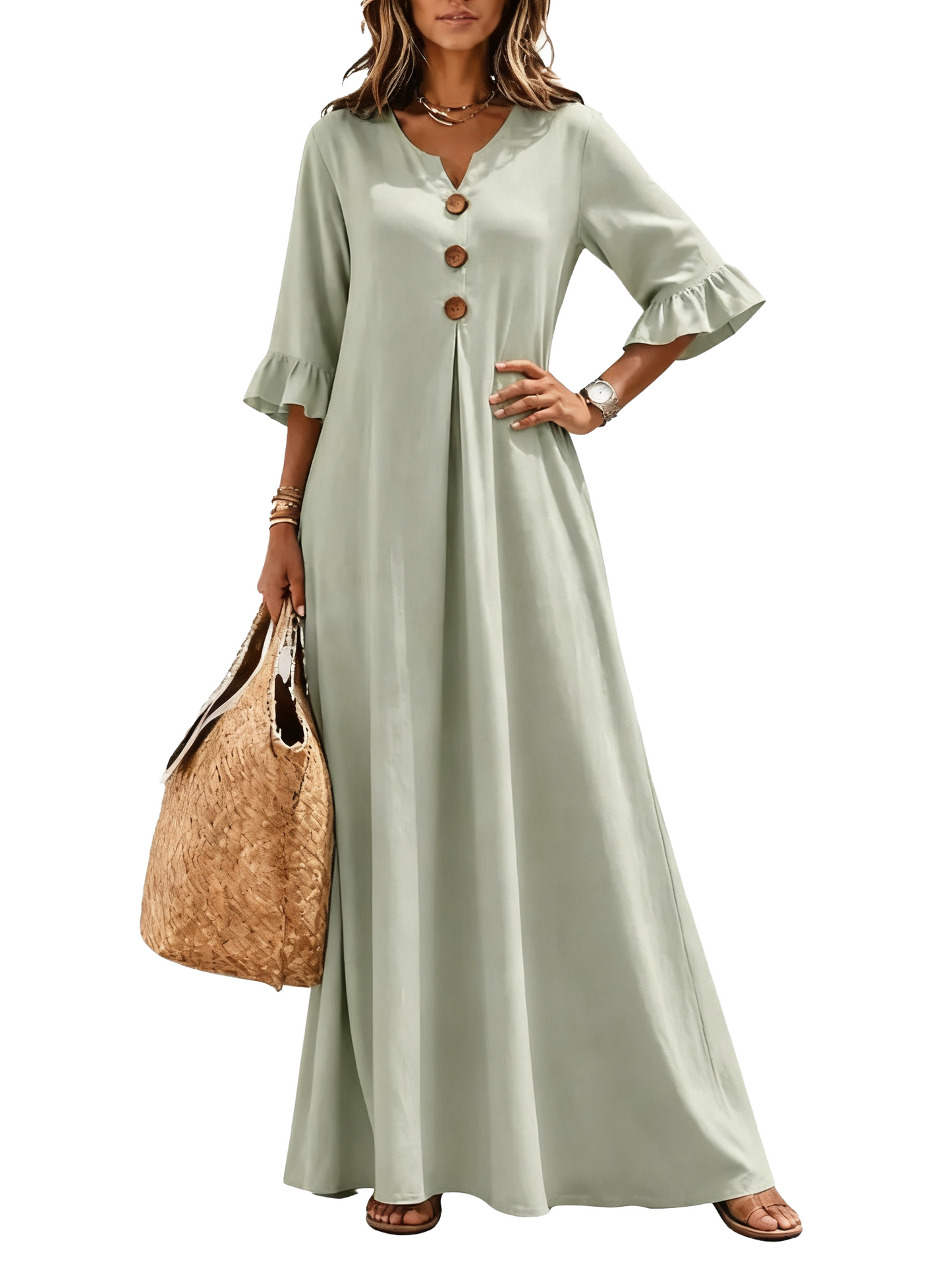 Women Boho Casual A‑Line Maxi Dress, V‑Neck Wooden Buttons Ruffled Long Sleeve Loose Solid Color Dress