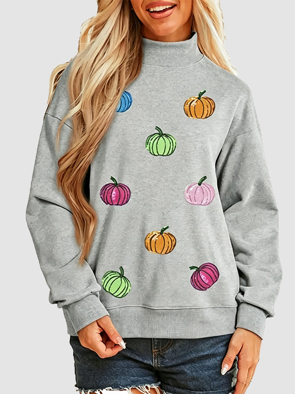 Women Sequin Pumpkin Pattern Mock Neck Sweatshirt Casual Pullover Tops