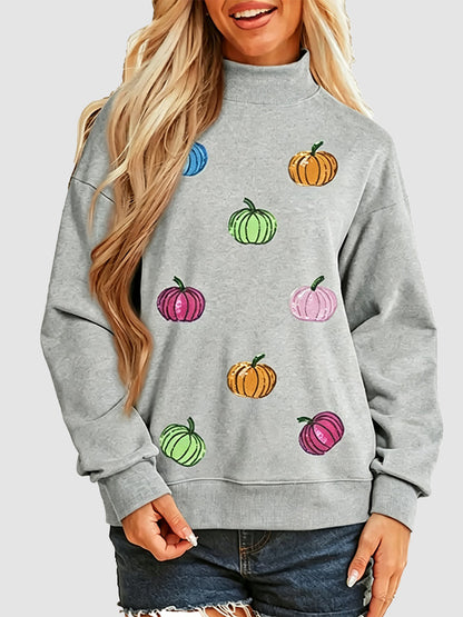Women Sequin Pumpkin Pattern Mock Neck Sweatshirt Casual Pullover Tops