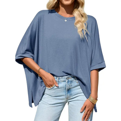 Women Batwing Sleeve Oversized Tee, Asymmetric Hem Casual Top