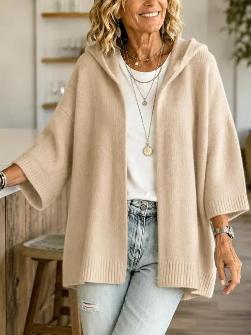 Women 3/4 Sleeve Hooded Knit Cardigan