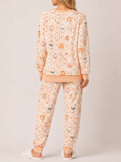 Women Halloween Pumpkin Ghost Print Long Sleeve 2 Piece Pajama Set