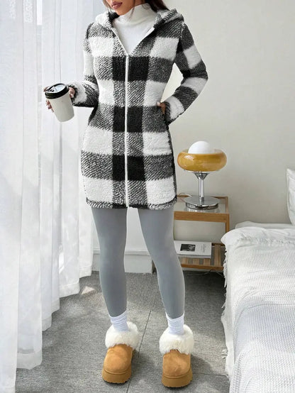Plaid Fleece Hooded Mid Length Full Zip Coat