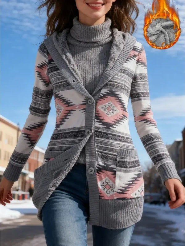 Y2K Geometric Fair Isle Hooded Button Knit Cardigan