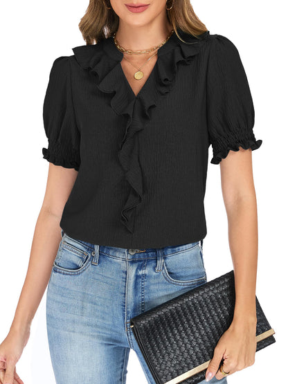 Womens Blouses Dressy Casual Puff Sleeve V Neck Ruffle Tops