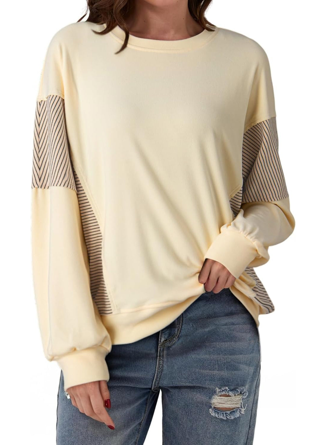 ✨Women's Crewneck Patchwork Stripe Long Sleeve Pullover Sweatshirts
