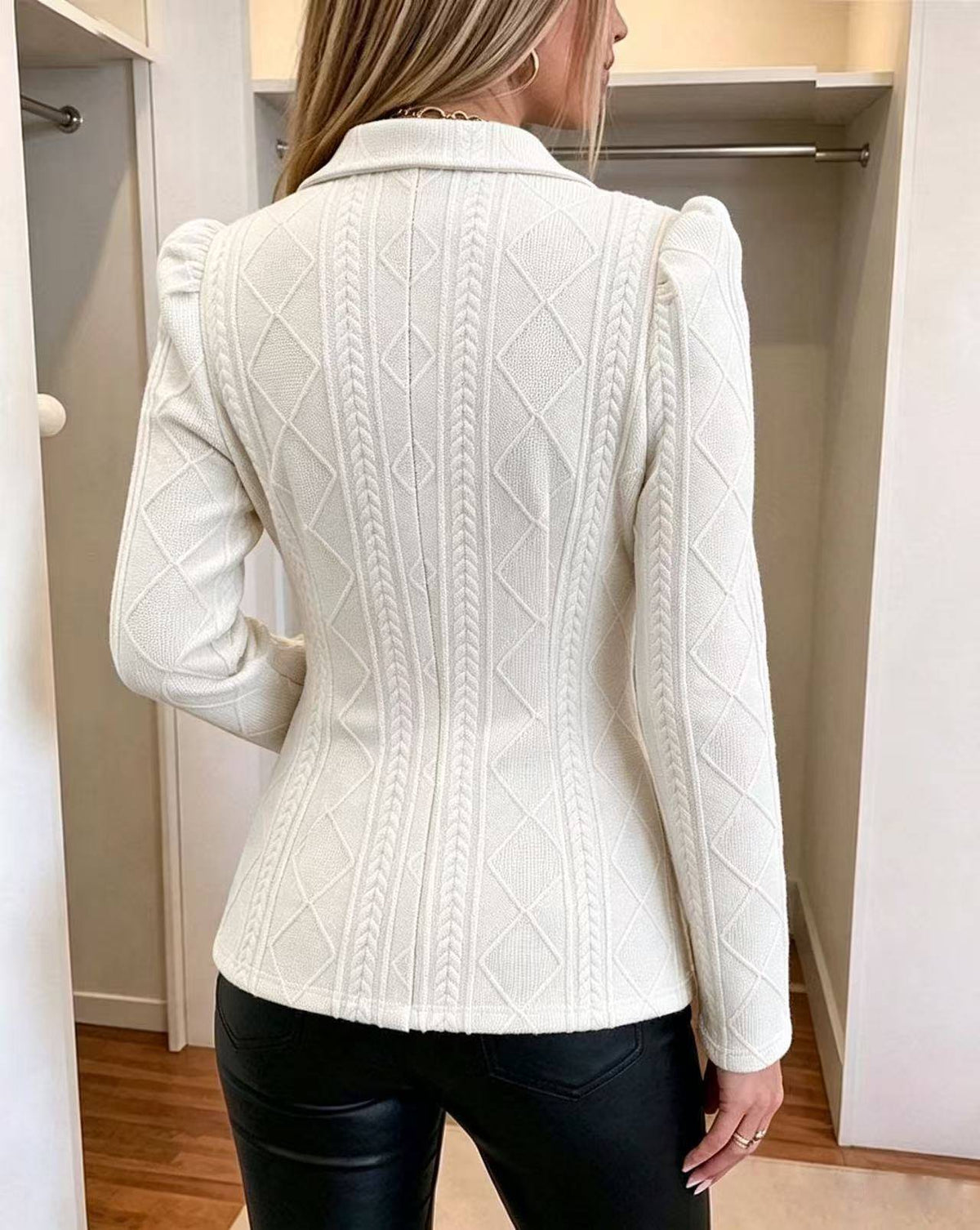 Women Lapel Collar Quilted Pattern Bodycon Blazer