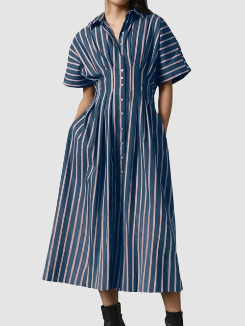 Pleated Waist Striped Shirt Midi Dress