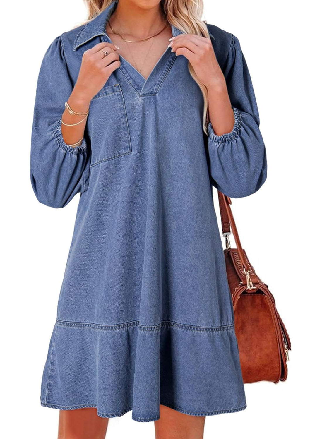 ⏰Hot Sale-Women's V-neck Puff Sleeve Denim Layered Dress