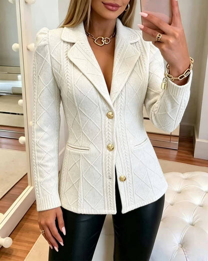 Women Lapel Collar Quilted Pattern Bodycon Blazer