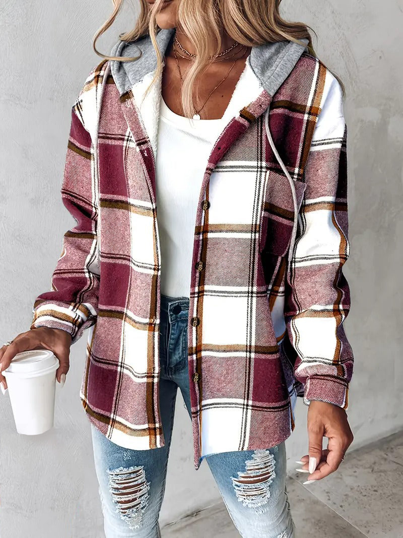 ✨Women's Plaid Button Down Fleece Lined Hooded Jackets Warm Coat