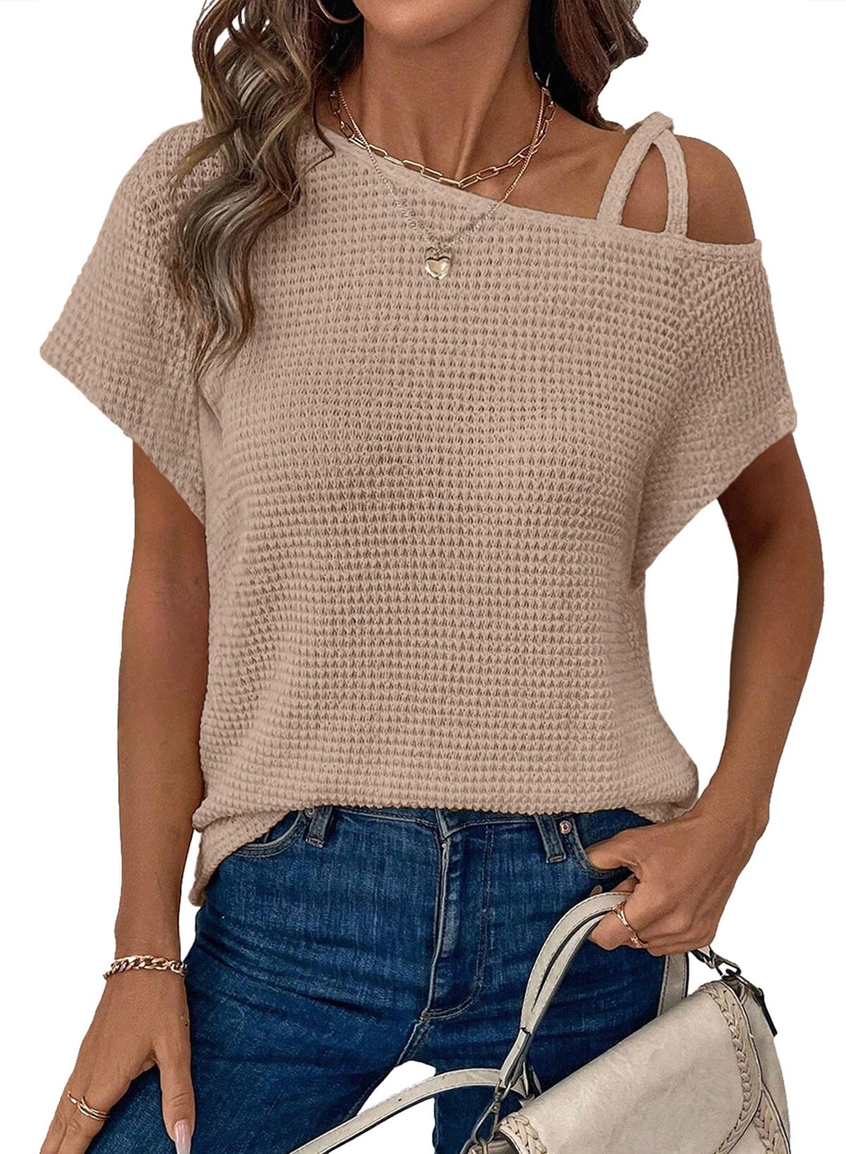 ✨Women's Off One Shoulder Waffle Knit Short Sleeve T-Shirts