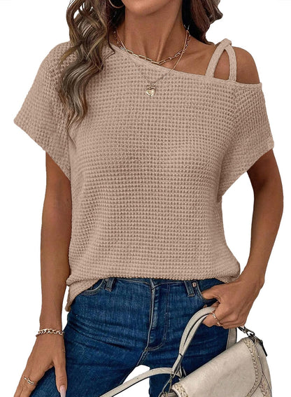 ✨Women's Off One Shoulder Waffle Knit Short Sleeve T-Shirts