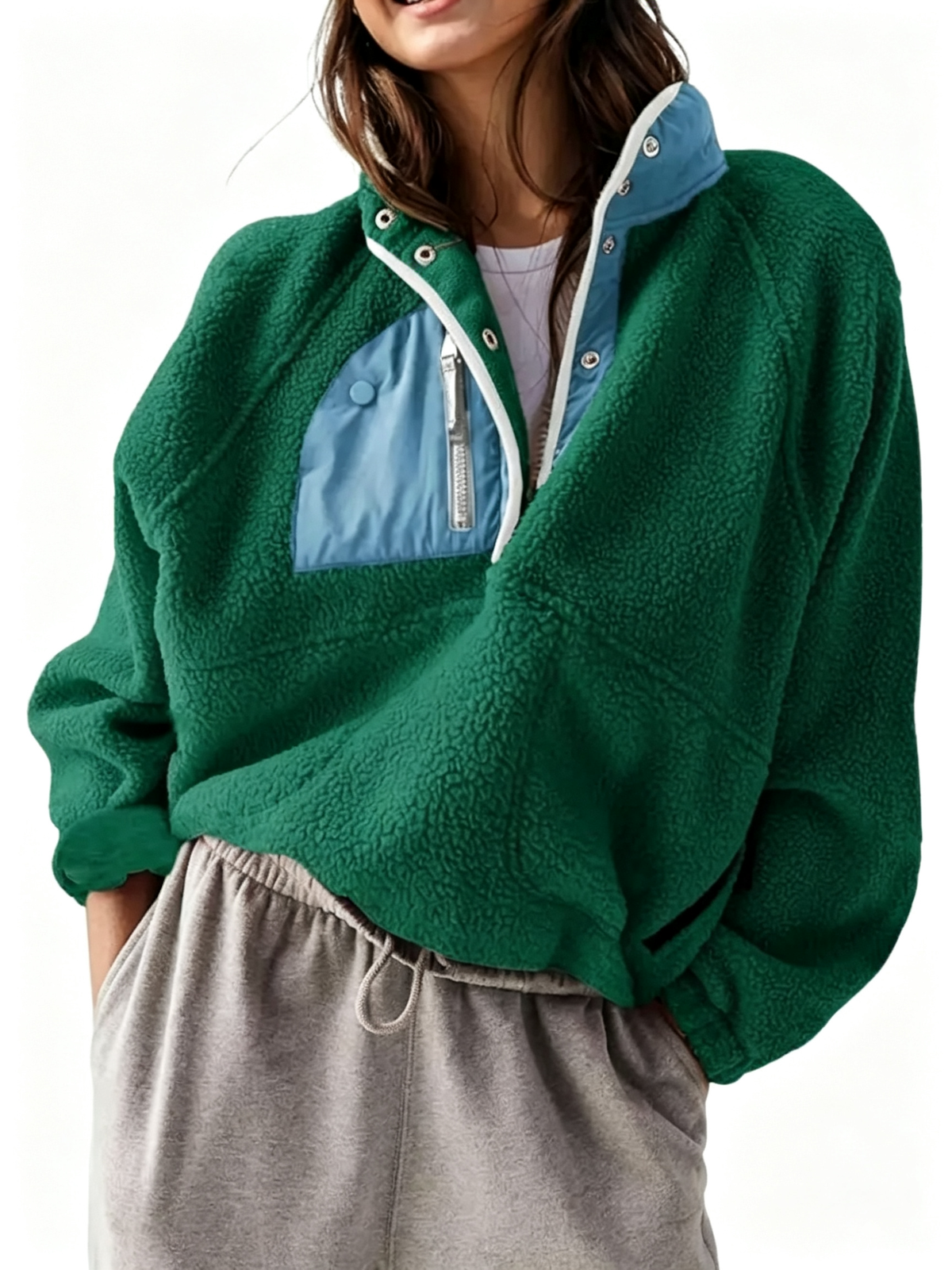 Women Color Block Half Snap Cropped Fleece Pullover Jacket