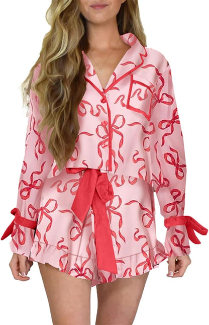 ✨Women's Cute Bow Tie Pjs Button Up Top and Ruffle Shorts Christmas Pajamas