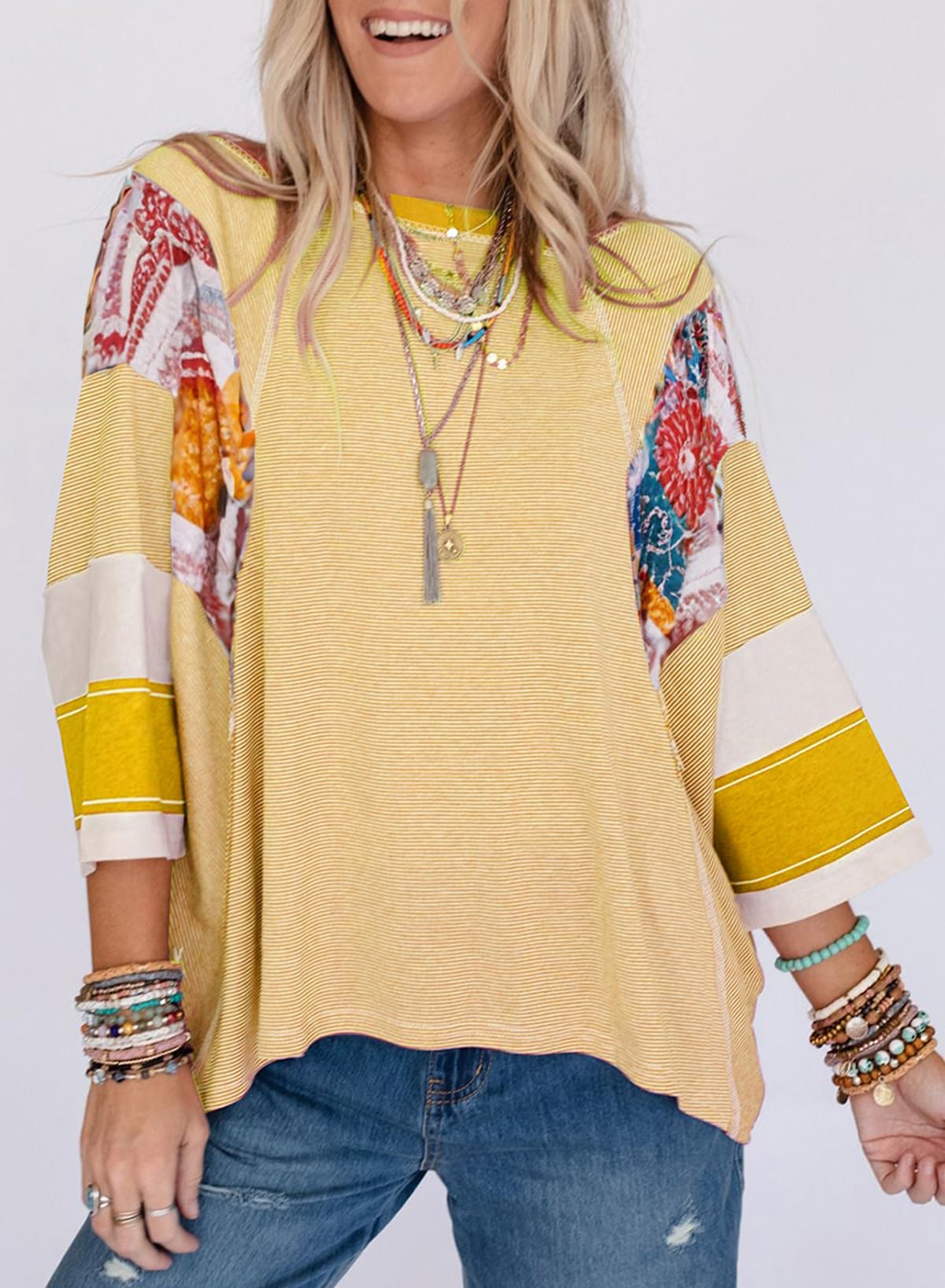 ✨Women's 3/4 Length Sleeve Oversized Striped Patchwork Shirts