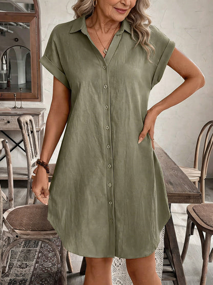 Notched V-Neck Button Down Cotton Dress