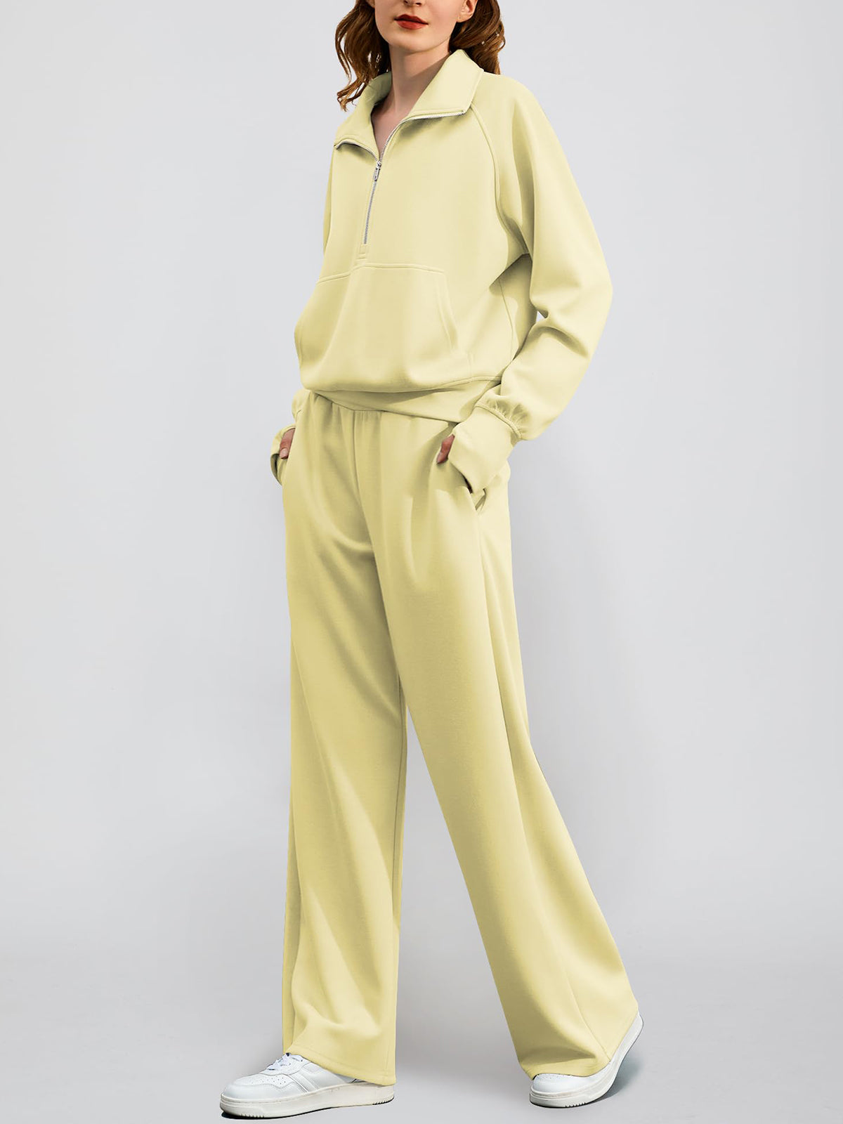 Women's Oversized Half Zip Wide Leg 2 Piece Outfits Lounge Set