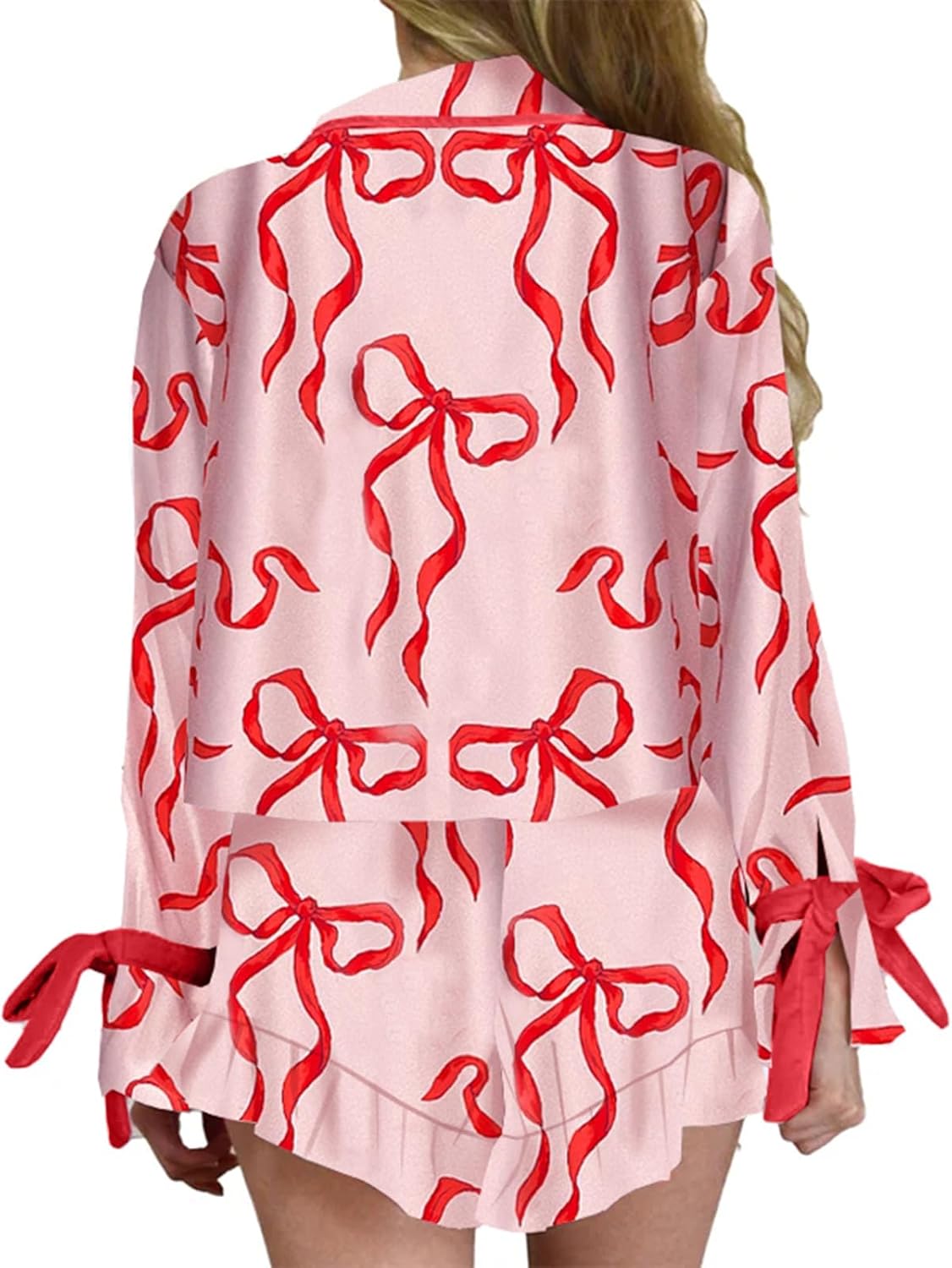 ✨Women's Cute Bow Tie Pjs Button Up Top and Ruffle Shorts Christmas Pajamas