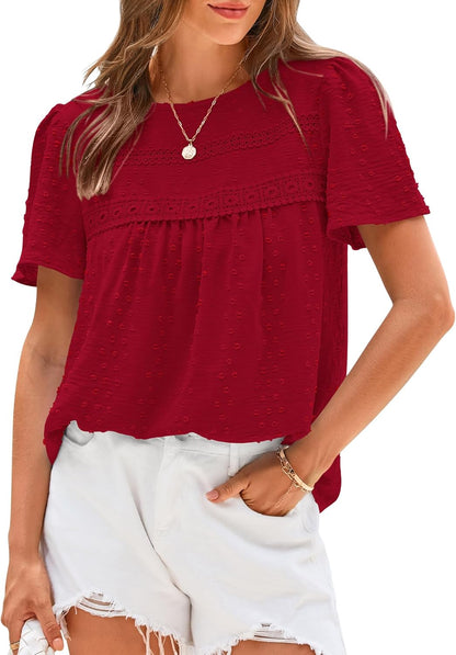 ✨Women's Swiss Dot Lace Crochet Crewneck Boho Short Sleeves