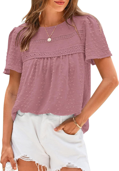 ✨Women's Swiss Dot Lace Crochet Crewneck Boho Short Sleeves