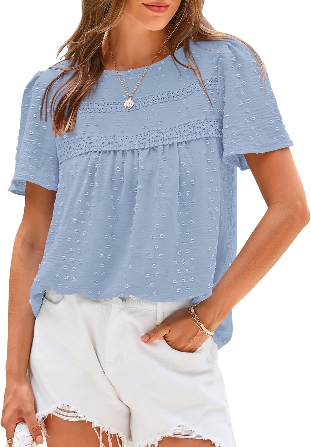 ✨Women's Swiss Dot Lace Crochet Crewneck Boho Short Sleeves