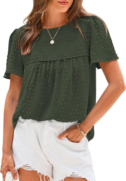✨Women's Swiss Dot Lace Crochet Crewneck Boho Short Sleeves