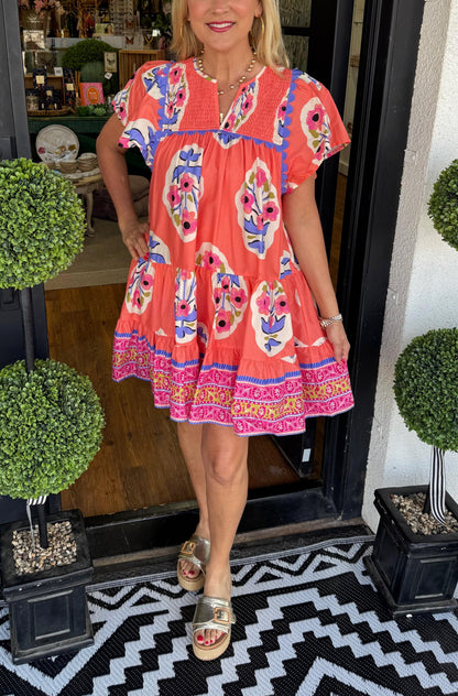 Women's V-neck Pleated Print Short Dress