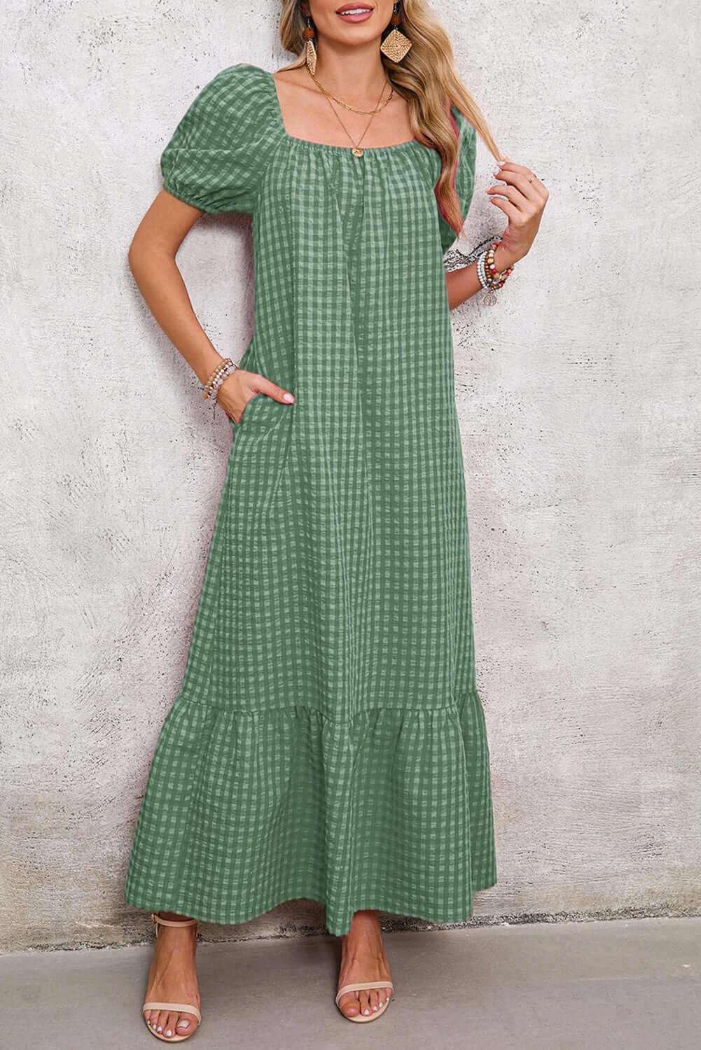 Women's Puff Sleeve Square Neck Check Maxi Dress