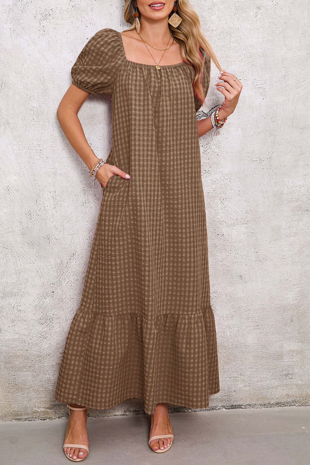 Women's Puff Sleeve Square Neck Check Maxi Dress