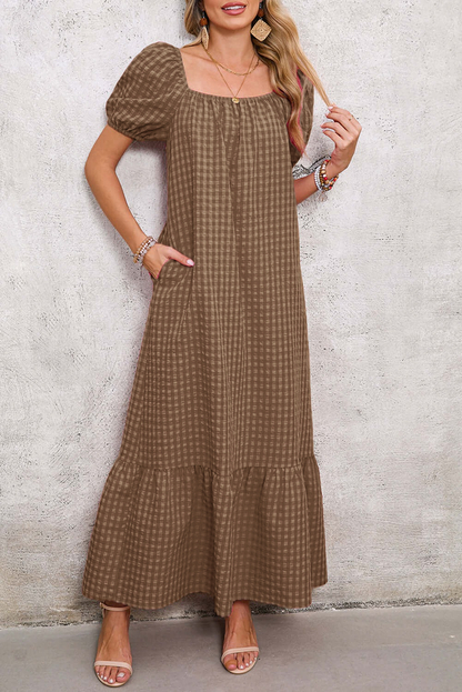 Women's Puff Sleeve Square Neck Check Maxi Dress