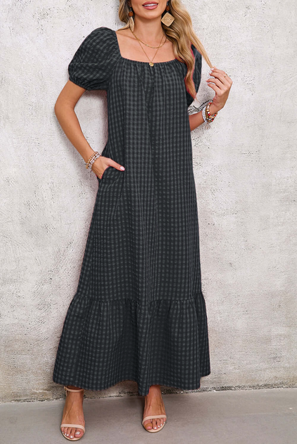 Women's Puff Sleeve Square Neck Check Maxi Dress