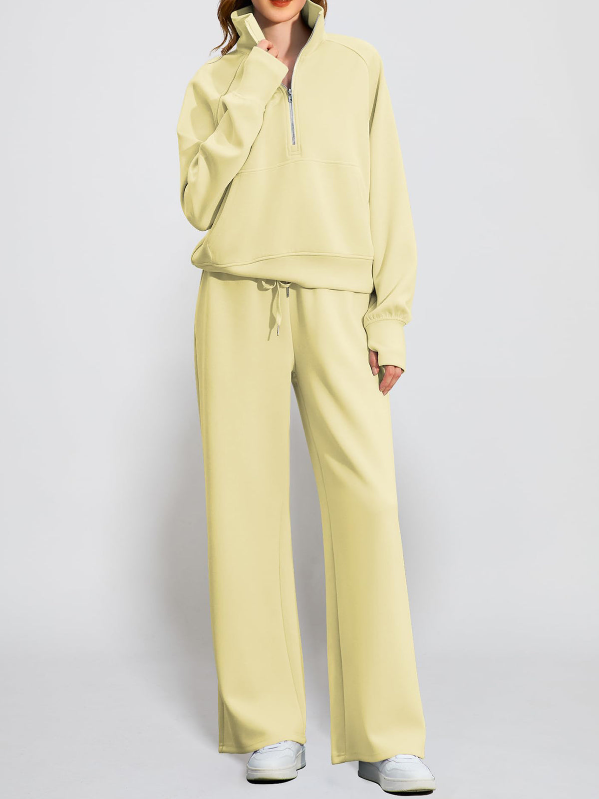 Women's Oversized Half Zip Wide Leg 2 Piece Outfits Lounge Set