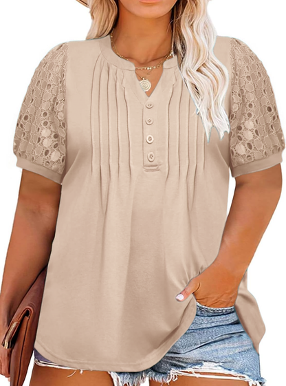 ✨Women's Plus Size Lace Sleeve Tees Casual Pleated Flowy Tunic Tops