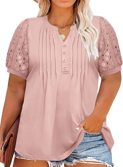 ✨Women's Plus Size Lace Sleeve Tees Casual Pleated Flowy Tunic Tops