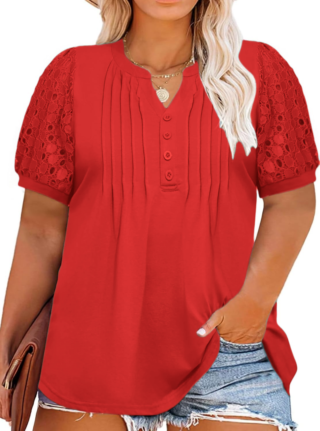 ✨Women's Plus Size Lace Sleeve Tees Casual Pleated Flowy Tunic Tops