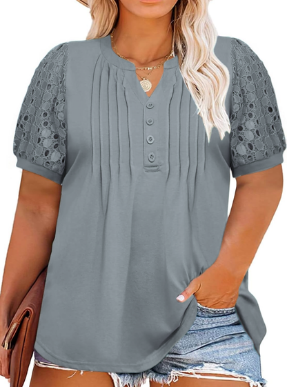 ✨Women's Plus Size Lace Sleeve Tees Casual Pleated Flowy Tunic Tops