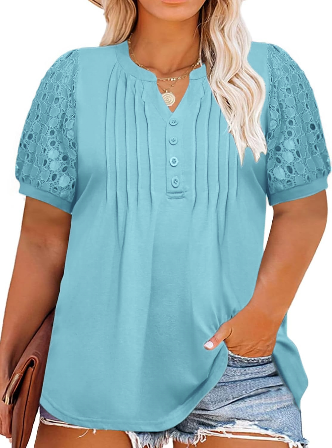 ✨Women's Plus Size Lace Sleeve Tees Casual Pleated Flowy Tunic Tops