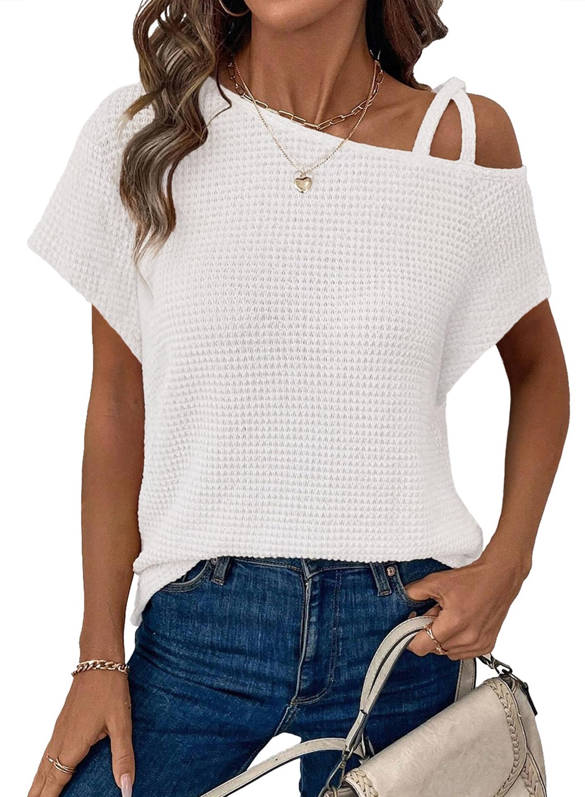 ✨Women's Off One Shoulder Waffle Knit Short Sleeve T-Shirts