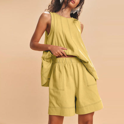 Women's Contrast Stitch 2-Piece Outfit, Sleeveless Tank Top & High Waist Shorts Set