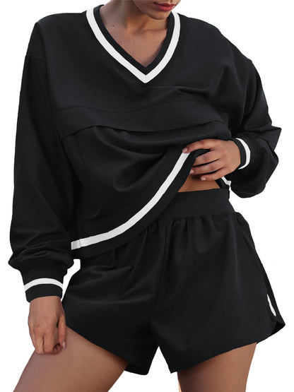 Womens Long Sleeve V Neck Sweatshirt High Waist Running Shorts Sets