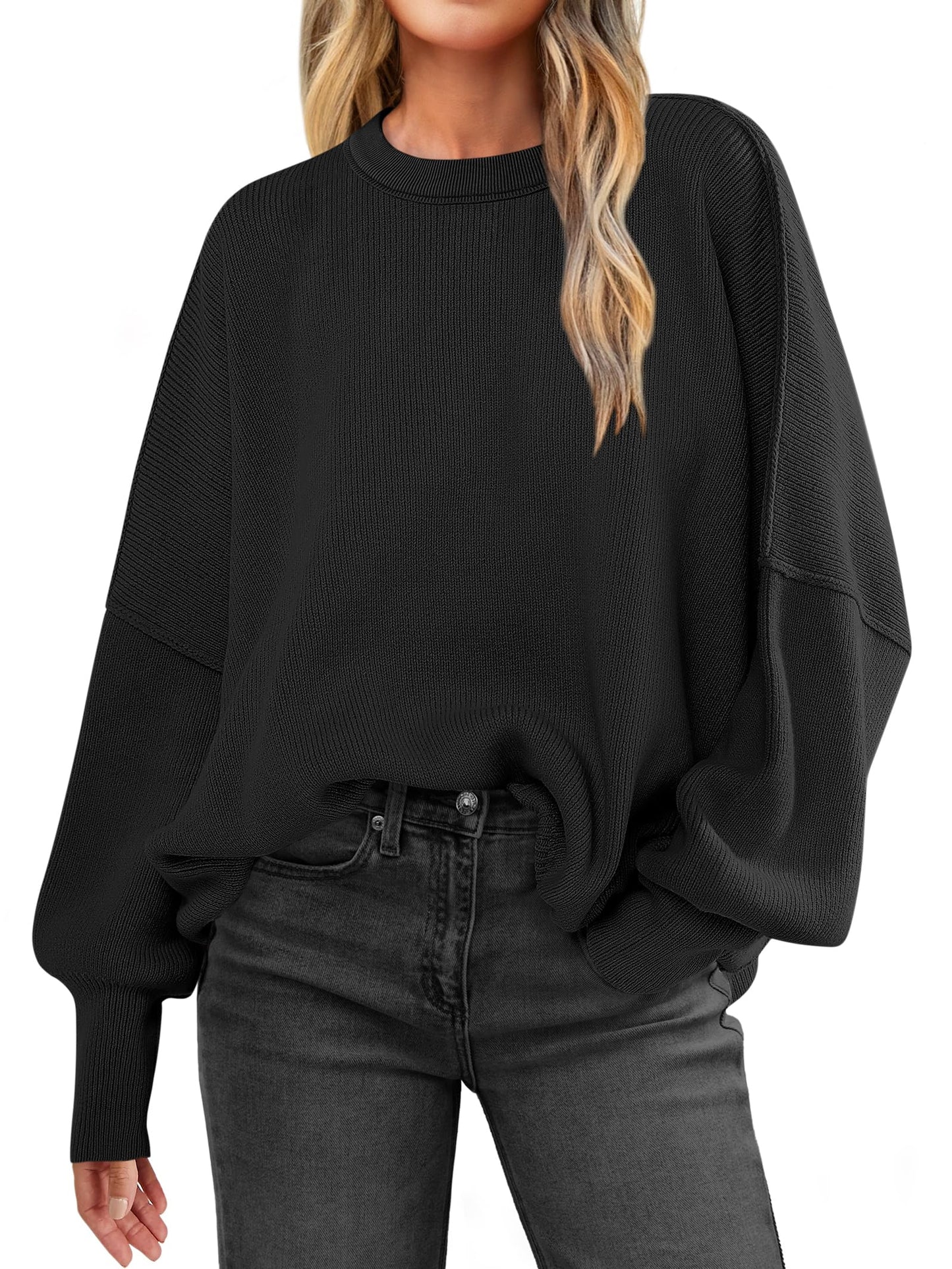Women Oversized Side Slit Ribbed Knit Pullover Sweaters Top