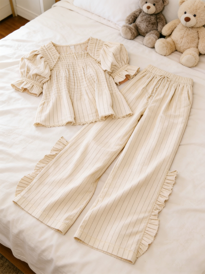 Women's Plaid Ruffle Puff Sleeve Pajamas Set