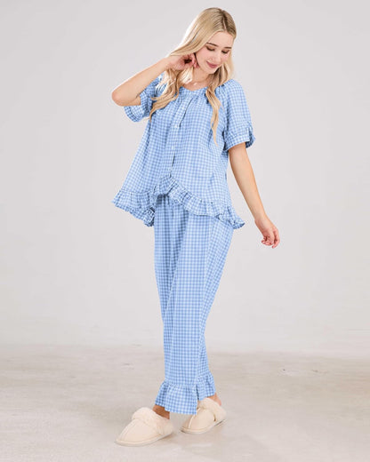 ✨Women Plaid 2 Piece Set Pajamas Outfits Short Sleeve Ruffle Shirt Pants Sets