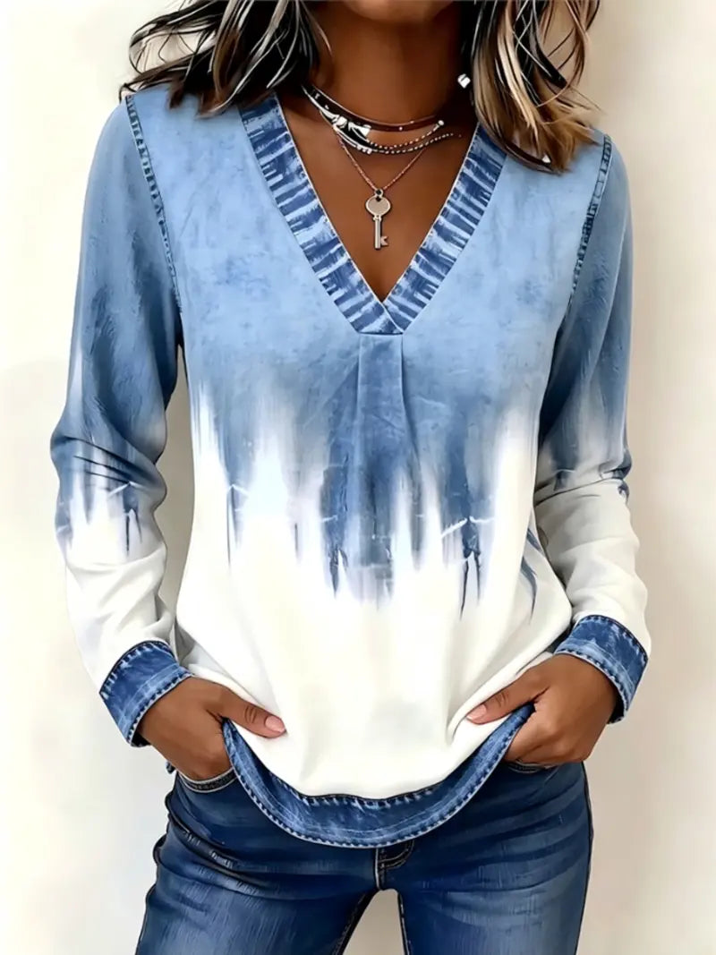 Hot Sale-Women's Fake Denim Patchwork Print V Neck Top