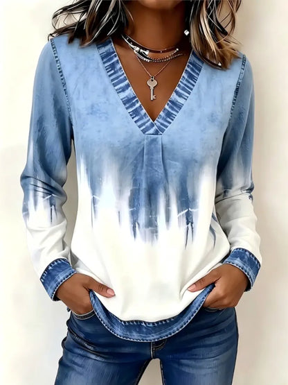 Hot Sale-Women's Fake Denim Patchwork Print V Neck Top