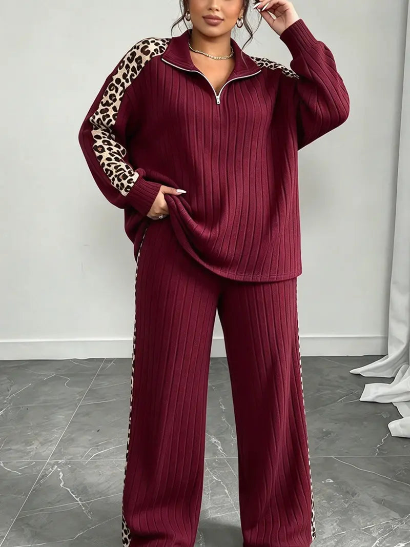 Plus Size Women Leopard Ribbed 2 Piece Outfit